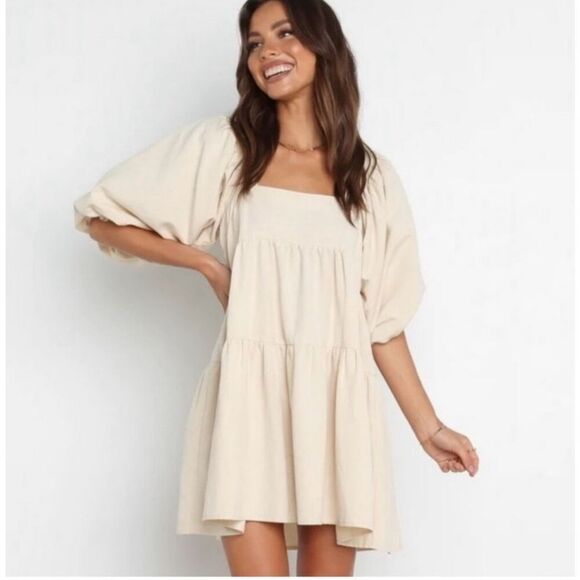REVOLVE SNDYS Jamel Dress Beige Cream Babydoll Tiered Smock Linen 4 - Picture 1 of 12